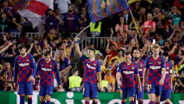 Gerard Pique of FC Barcelona, Clement Lenglet of FC Barcelona, Luis Suarez of FC Barcelona, Arthur of FC Barcelona, Arturo Vidal of FC Barcelona, Frenkie de Jong of FC Barcelona, Lionel Messi of FC Barcelona (Photo by David S. Bustamante/Soccrates/Getty Images)