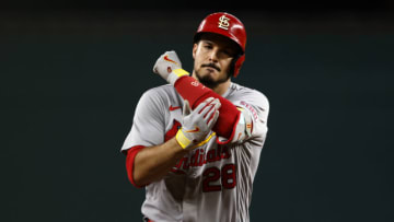 ARLINGTON, TX - JUNE 6: Nolan Arenado #28 of the St. Louis Cardinals celebrates after hitting a two run home run against the Texas Rangers during the first inning at Globe Life Field on June 6, 2023 in Arlington, Texas. (Photo by Ron Jenkins/Getty Images)