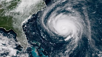 IN SPACE - SEPTEMBER 12: In this satellite image provided by U.S. National Oceanic and Atmospheric Administration (NOAA), Hurricane Florence churns through the Atlantic Ocean toward the U.S. East Coast on September 12, 2018. Florence slowed its approach to the U.S. today and was forecast to turn south, stalling along the North Carolina and South Carolina coast and bringing with it torrential rain, high winds and a dangerous storm surge tomorrow through Saturday. (Photo by NOAA via Getty Images)