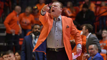 Jan 13, 2023; Champaign, Illinois, USA; Illinois Fighting Illini head coach Brad Underwood reacts during the first half against the Michigan State Spartans at State Farm Center. Mandatory Credit: Ron Johnson-USA TODAY Sports