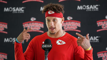 Jul 29, 2022; St. Joseph, MO, USA; Kansas City Chiefs quarterback Patrick Mahomes (15) speaks to media after training camp at Missouri Western State University. Mandatory Credit: Denny Medley-USA TODAY Sports