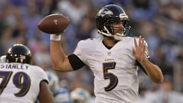 Aug 27, 2016; Baltimore, MD, USA; Baltimore Ravens quarterback Joe Flacco (5) throws during the first quarter against the Detroit Lions at M&T Bank Stadium. Mandatory Credit: Tommy Gilligan-USA TODAY Sports