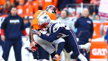 Jan 24, 2016; Denver, CO, USA; New England Patriots defensive back Brandon King (36) tackles Denver Broncos wide receiver Jordan Norwood (11) in the AFC Championship football game at Sports Authority Field at Mile High. Mandatory Credit: Mark J. Rebilas-USA TODAY Sports