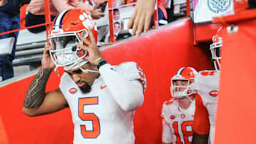 Clemson quarterback D.J. Uiagalelei (5) before the game at the Carrier Dome in Syracuse, New York, Friday, October 15, 2021.Ncaa Football Clemson At Syracuse(PHOTO COURTESY OF IMAGN)