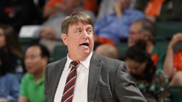 CORAL GABLES, FL - FEBRUARY 08: NC State Head Coach Wes Moore looks on during a women's college basketball game between the NC State University Wolfpack and the University of Miami Hurricanes on February 8, 2018 at Watsco Center, Coral Gables, Florida. Miami defeated NC State 52-48. (Photo by Richard C. Lewis/Icon Sportswire via Getty Images)