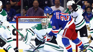 NEW YORK, NEW YORK - OCTOBER 14: Anton Khudobin #35 of the Dallas Stars tends net against Chris Kreider #20 of the New York Rangers during the third period at Madison Square Garden on October 14, 2021 in New York City. The Stars defeated the Rangers 3-2 in the shootout. (Photo by Bruce Bennett/Getty Images)