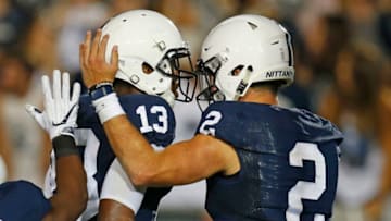 STATE COLLEGE, PA - SEPTEMBER 16: Saeed Blacknall #13 of the Penn State Nittany Lions celebrates a 35 yard touchdown with Tommy Stevens #2 against the Georgia State Panthers at Beaver Stadium on September 16, 2017 in State College, Pennsylvania. (Photo by Justin K. Aller/Getty Images)