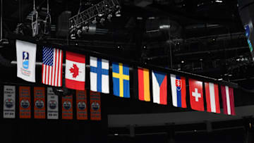 EDMONTON, AB - AUGUST 19: A generic photo of flags hanging at the IIHF World Junior Championship on August 19, 2022 at Rogers Place in Edmonton, Alberta, Canada (Photo by Andy Devlin/ Getty Images)