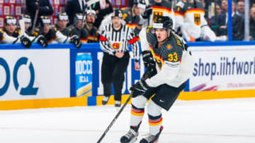 TAMPERE, FINLAND - MAY 28: John Peterka of Germany in action during the 2023 IIHF Ice Hockey World Championship Finland - Latvia game between Canada and Germany at Nokia Arena on May 28, 2023 in Tampere, Finland. (Photo by Jari Pestelacci/Eurasia Sport Images/Getty Images)