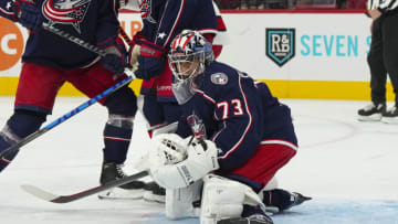 Oct 3, 2022; Raleigh, North Carolina, USA; Columbus Blue Jackets goaltender Jet Greaves (73) makes a save against the Carolina Hurricanes during the third period at PNC Arena. Mandatory Credit: James Guillory-USA TODAY Sports