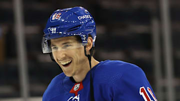 NEW YORK, NEW YORK - APRIL 25: Ryan Strome #16 of the New York Rangers smiles during warm ups before the game against the Buffalo Sabres at Madison Square Garden on April 25, 2021 in New York City. (Photo by Elsa/Getty Images)