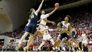 BLOOMINGTON, INDIANA - JANUARY 25: Juwan Morgan #13 of the Indiana Hoosiers shoots the ball against the Michigan Wolverines at Assembly Hall on January 25, 2019 in Bloomington, Indiana. (Photo by Andy Lyons/Getty Images)