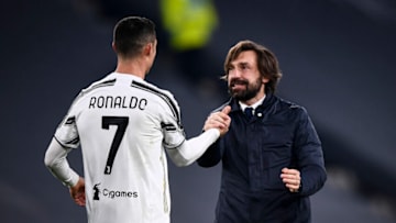 ALLIANZ STADIUM, TURIN, ITALY - 2021/02/09: Cristiano Ronaldo (L) of Juventus FC shakes hands with Andrea Pirlo, head coach of Juventus FC, at the end of the Coppa Italia football match between Juventus FC and FC Internazionale. The match ended 0-0 tie. (Photo by Nicolò Campo/LightRocket via Getty Images)