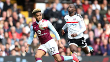 LONDON, ENGLAND - APRIL 17: Jordan Amavi of Aston Villa and Sone Aluko of Fulham in action during the Sky Bet Championship match between Fulham and Aston Villa at Craven Cottage on April 17, 2017 in London, England. (Photo by Alex Pantling/Getty Images)