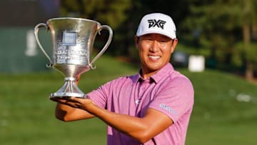 May 8, 2016; Charlotte, NC, USA; James Hahn (USA) holds the trophy after winning the 2016 Wells Fargo Championship at Quail Hollow Club. Mandatory Credit: Jim Dedmon-USA TODAY Sports