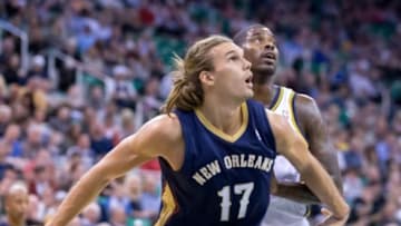 Nov 13, 2013; Salt Lake City, UT, USA; New Orleans Pelicans power forward Lou Amundson (17) boxes out Utah Jazz power forward Marvin Williams (2) during the first half at EnergySolutions Arena. Mandatory Credit: Russ Isabella-USA TODAY Sports