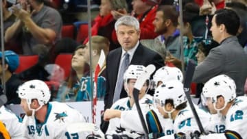 Nov 16, 2014; Raleigh, NC, USA; San Jose Sharks head coach Todd McLellan look on from the bench during the game against the Carolina Hurricanes at PNC Arena. The San Jose Sharks defeated the Carolina Hurricanes 2-0. Mandatory Credit: James Guillory-USA TODAY Sports