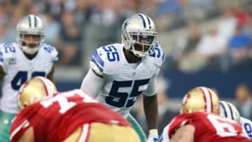 Sep 7, 2014; Arlington, TX, USA; Dallas Cowboys linebacker Rolando McClain (55) in game action against the San Francisco 49ers at AT&T Stadium. San Francisco beat Dallas 28-17. Mandatory Credit: Tim Heitman-USA TODAY Sports