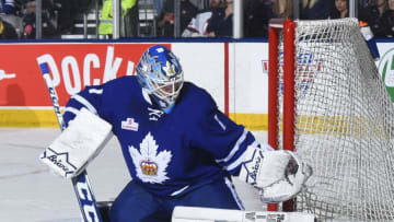 TORONTO, ON - APRIL 26: Kasimir Kaskisuo #1 of the Toronto Marlies stops a shot against the Albany Devils during game 3 action in the Division Semifinal of the Calder Cup Playoffs on April 26, 2017 at Ricoh Coliseum in Toronto, Ontario, Canada. (Photo by Graig Abel/Getty Images)