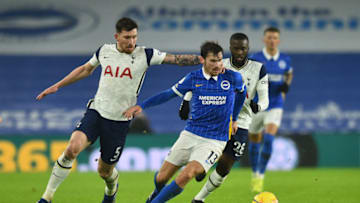 BRIGHTON, ENGLAND - JANUARY 31: Pascal Gross of Brighton & Hove Albion is challenged by (L - R) Pierre-Emile Hojbjerg and Tanguy Ndombele of Tottenham Hotspur during the Premier League match between Brighton & Hove Albion and Tottenham Hotspur at American Express Community Stadium on January 31, 2021 in Brighton, England. (Photo by Glyn Kirk - Pool/Getty Images)