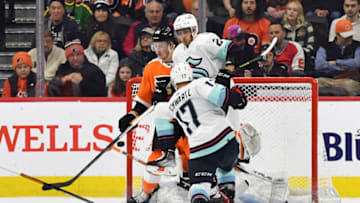 Feb 12, 2023; Philadelphia, Pennsylvania, USA; Seattle Kraken center Jaden Schwartz (17) scores a goal against the Philadelphia Flyers during the second period at Wells Fargo Center. Mandatory Credit: Eric Hartline-USA TODAY Sports