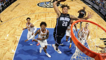 ORLANDO, FL - OCTOBER 23: Markelle Fultz #20 of the Orlando Magic dunks the ball against the Cleveland Cavaliers on October 23, 2019 at Amway Center in Orlando, Florida. NOTE TO USER: User expressly acknowledges and agrees that, by downloading and or using this photograph, User is consenting to the terms and conditions of the Getty Images License Agreement. Mandatory Copyright Notice: Copyright 2019 NBAE (Photo by Fernando Medina/NBAE via Getty Images)