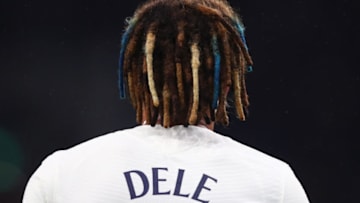 LONDON, ENGLAND - SEPTEMBER 30: The Blue and White hair dye of Dele Alli of Tottenham Hotspur during the UEFA Europa Conference League group G match between Tottenham Hotspur and NS Mura at Tottenham Hotspur Stadium on September 30, 2021 in London, United Kingdom. (Photo by Marc Atkins/Getty Images)