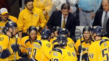 Nov 11, 2014; Nashville, TN, USA; Nashville Predators head coach Peter Laviolette during the third period against the Edmonton Oilers at Bridgestone Arena. The Predators won 3-2. Mandatory Credit: Christopher Hanewinckel-USA TODAY Sports