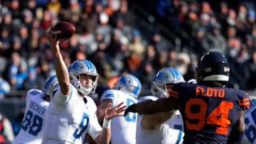 CHICAGO, IL - NOVEMBER 19: Quarterback Matthew Stafford #9 of the Detroit Lions throws a pass in the first quarter against the Chicago Bears at Soldier Field on November 19, 2017 in Chicago, Illinois. (Photo by Kena Krutsinger/Getty Images)