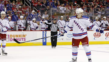 Jan 17, 2016; Washington, DC, USA; New York Rangers left wing Chris Kreider (20) celebrates after scoring a goal against the Washington Capitals in the second period at Verizon Center. Mandatory Credit: Geoff Burke-USA TODAY Sports