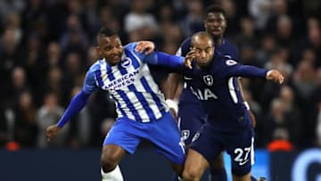 BRIGHTON, ENGLAND - APRIL 17: Jose Izquierdo of Brighton and Hove Albion battles for possesion with Lucas Moura of Tottenham Hotspur during the Premier League match between Brighton and Hove Albion and Tottenham Hotspur at Amex Stadium on April 17, 2018 in Brighton, England. (Photo by Bryn Lennon/Getty Images)