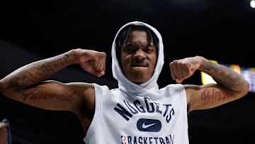 Denver Nuggets guard Bones Hyland (3) flexes after a play in the fourth quarter against the Memphis Grizzlies at Ball Arena on 7 Apr. 2022. (Isaiah J. Downing-USA TODAY Sports)