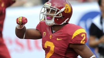 October 20, 2012; Los Angeles, CA, USA; Southern California Trojans wide receiver Robert Woods (2) celebrates after scoring a touchdown in the first half of the game against the Colorado Buffaloes at the Los Angeles Coliseum. Mandatory Credit: Jayne Kamin-Oncea-USA TODAY Sports