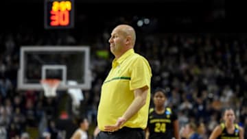 Oregon Ducks head coach Kelly Graves watches as UConn takes a commanding lead during the first half in the East Regional Elite 8 game on Monday, March 27, 2017 at the Webster Bank Arena in Bridgeport, Conn. UConn led 49-24 at the half. (John Woike/Hartford Courant/TNS via Getty Images)