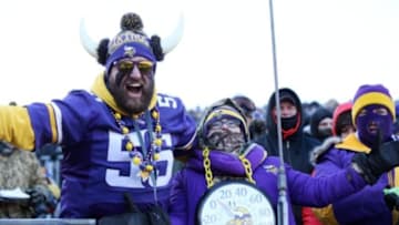 Jan 10, 2016; Minneapolis, MN, USA; Fans of the Minnesota Vikings wear a thermometer in the first half of a NFC Wild Card playoff football game against the Seattle Seahawks at TCF Bank Stadium. Mandatory Credit: Brad Rempel-USA TODAY Sports