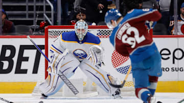 Dec 15, 2022; Denver, Colorado, USA; Colorado Avalanche left wing Artturi Lehkonen (62) takes a shot against Buffalo Sabres goaltender Ukko-Pekka Luukkonen (1) in the first period at Ball Arena. Mandatory Credit: Isaiah J. Downing-USA TODAY Sports