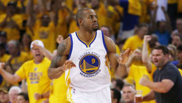OAKLAND, CA - JUNE 14: Andre Iguodala #9 of the Golden State Warriors celebrates in the third quarter against the Cleveland Cavaliers during Game Five of the 2015 NBA Finals at ORACLE Arena on June 14, 2015 in Oakland, California. NOTE TO USER: User expressly acknowledges and agrees that, by downloading and or using this photograph, user is consenting to the terms and conditions of Getty Images License Agreement. (Photo by Ezra Shaw/Getty Images)