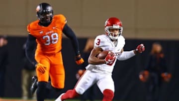 Nov 28, 2015; Stillwater, OK, USA; Oklahoma Sooners wide receiver Sterling Shepard (3) against the Oklahoma State Cowboys at Boone Pickens Stadium. The Sooners defeated the Cowboys 58-23. Mandatory Credit: Mark J. Rebilas-USA TODAY Sports