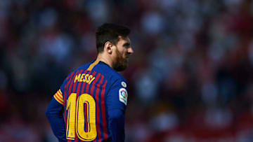 SEVILLE, SPAIN - FEBRUARY 23: Lionel Messi of FC Barcelona looks on during the La Liga match between Sevilla FC and FC Barcelona at Estadio Ramon Sanchez Pizjuan on February 23, 2019 in Seville, Spain. (Photo by Aitor Alcalde/Getty Images)