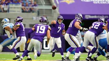 MINNEAPOLIS, MN - OCTOBER 1: Case Keenum #7 of the Minnesota Vikings throws the ball in the second half of the game against the Detroit Lions on October 1, 2017 at U.S. Bank Stadium in Minneapolis, Minnesota. (Photo by Adam Bettcher/Getty Images)