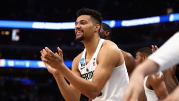 DETROIT, MI - MARCH 18: Kenny Goins #25 of the Michigan State Spartans reacts during the first half against the Syracuse Orange in the second round of the 2018 NCAA Men's Basketball Tournament at Little Caesars Arena on March 18, 2018 in Detroit, Michigan. (Photo by Gregory Shamus/Getty Images)