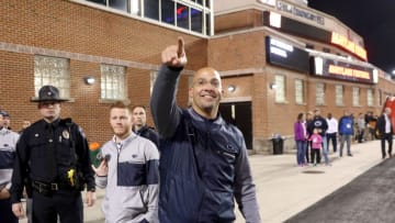 COLLEGE PARK, MD - NOVEMBER 25: Head coach James Franklin of the Penn State Nittany Lions points to the stands after defeating the Maryland Terrapins 66-3 at Capital One Field on November 25, 2017 in College Park, Maryland. (Photo by Rob Carr/Getty Images)