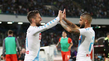 NAPLES, ITALY - MAY 20: Lorenzo Insigne and Dries Mertens of SSC Napoli celebrate the 4-1 goal scored by Dries Mertens during the Serie A match between SSC Napoli and ACF Fiorentina at Stadio San Paolo on May 20, 2017 in Naples, Italy. (Photo by Francesco Pecoraro/Getty Images)