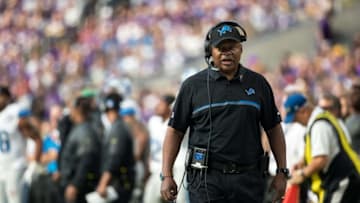 Nov 6, 2016; Minneapolis, MN, USA; Detroit Lions head coach Jim Caldwell against the Minnesota Vikings at U.S. Bank Stadium. The Lions defeated the Vikings 22-16. Mandatory Credit: Brace Hemmelgarn-USA TODAY Sports