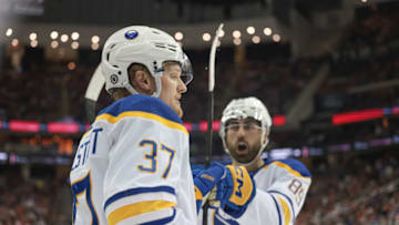 Apr 11, 2023; Newark, New Jersey, USA; Buffalo Sabres center Casey Mittelstadt (37) celebrates with right wing Alex Tuch (89) after a goal by left wing Jeff Skinner (not pictured) during the second period against the New Jersey Devils at Prudential Center. Mandatory Credit: Vincent Carchietta-USA TODAY Sports