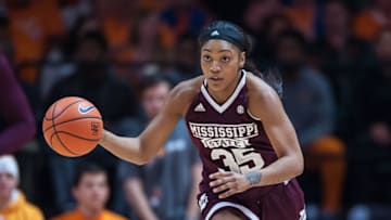 KNOXVILLE, TN - JANUARY 21: Mississippi State Lady Bulldogs guard Victoria Vivians (35) pushes the ball up the court during a game between the Mississippi State Lady Bulldogs and the Tennessee Lady Volunteers on January 21, 2018, at Thompson-Boling Arena in Knoxville, TN. Mississippi State defeated the Lady Vols 71-52. (Photo by Bryan Lynn/Icon Sportswire via Getty Images)