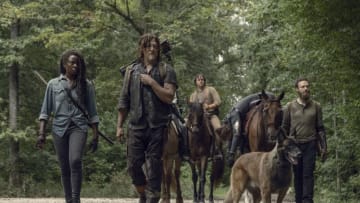 Danai Gurira as Michonne, Norman Reedus as Daryl Dixon, Ross Marquand as Aaron, Josh McDermitt as Dr. Eugene Porter - The Walking Dead _ Season 9, Episode 9 - Photo Credit: Jackson Lee Davis/AMC