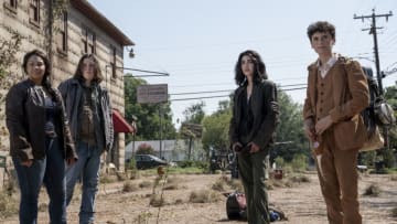 Alexa Mansour as Hope, Aliyah Royale as Iris, Hal Cumpston as Silas, Nicolas Cantu as Elton - The Walking Dead: World Beyond _ Season 1 - Photo Credit: Jojo Whilden/AMC