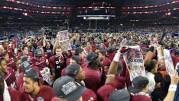 Dec 31, 2015; Arlington, TX, USA; General view of the field as Alabama Crimson Tide players celebrate after defeating Michigan State Spartans in the 2015 CFP semifinal at the Cotton Bowl at AT&T Stadium. Alabama won 38-0. Mandatory Credit: Jerome Miron-USA TODAY Sports