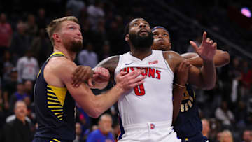 DETROIT, MICHIGAN - OCTOBER 28: Andre Drummond #0 of the Detroit Pistons battles for a rebound against Domantas Sabonis #11 of the Indiana Pacers during the second half at Little Caesars Arena on October 28, 2019 in Detroit, Michigan. Detroit won the game 96-94. NOTE TO USER: User expressly acknowledges and agrees that, by downloading and/or using this photograph, user is consenting to the terms and conditions of the Getty Images License Agreement. (Photo by Gregory Shamus/Getty Images)